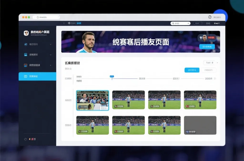 比赛结束后，电视屏幕展示集锦回放页面，旁边有时间轴和多角度切换提示
